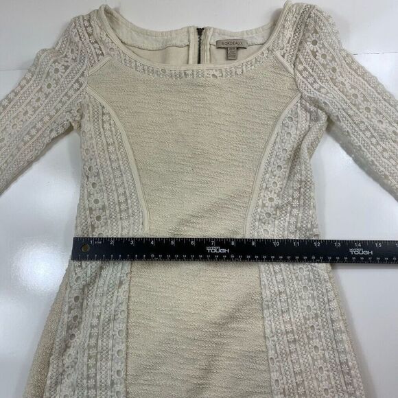 Bordeaux Sweater Dress Lace Cream Linen Quarter Sleeve Mini Fit Flare Size XS - Picture 5 of 7